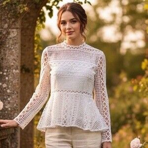 Victorian Chic Crochet Lace Blouse Peplum Womens Boho Bridal Romantic Size L